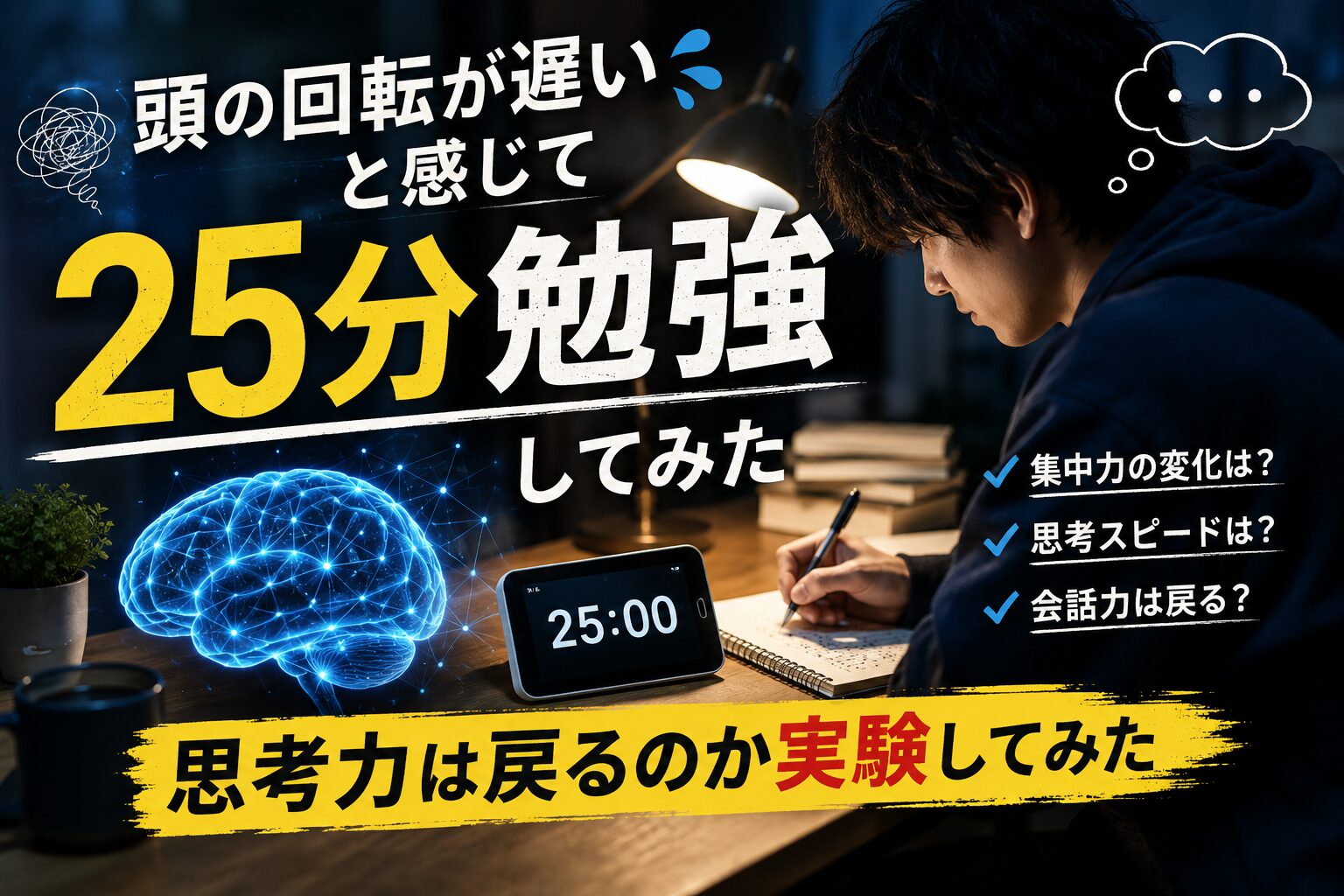 頭の回転が遅いと感じて勉強する男性のイメージ